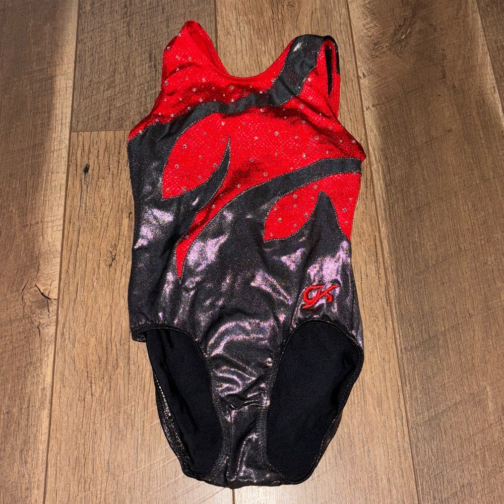GK Swirl Leotard Red Gray Rhinestones Size CM Child Medium